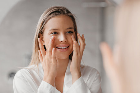 Pretty lady making face-lifting massage in bathroom, looking at mirror and smiling, using moisturizing face creamの写真素材