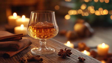 A glass filled with a warm drink rests on a rustic wooden table, surrounded by candlesの素材