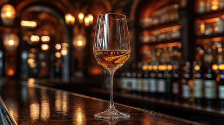 A glass of white wine is placed elegantly on a bar, surrounded by warm, ambient lightingの素材