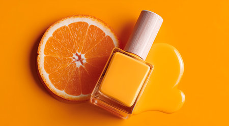 Bright yellow gel nail polish resting beside a fresh orange slice Generative AIの素材