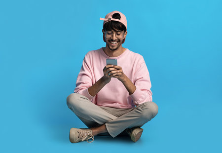 Joyful guy checking newest mobile app, using smartphone
