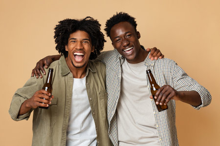 Portrait Of Two Happy Black Friends Embracing And Holding Bottles With Beerの写真素材