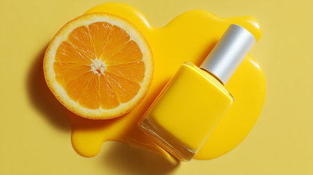 Yellow gel nail polish and fresh orange on vibrant backdrop Generative AIの素材