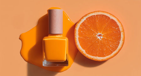 Bright orange nail gel next to a sliced orange on a pastel backdrop Generative AIの素材