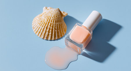 Luxury gel manicure with polished nails beside a seashell on a blue background Generative AIの素材