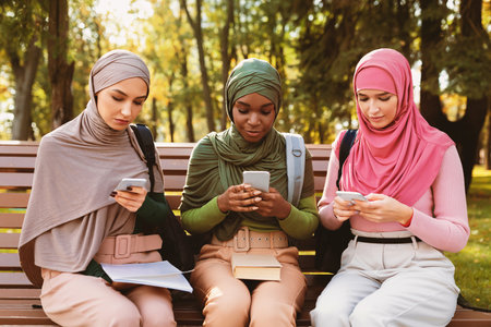 Group Of Diverse Muslim Ladies Using Smartphones Texting Outdoorsの写真素材