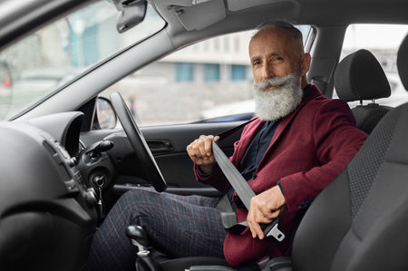 Senior man in suit fasten seat belt in his car