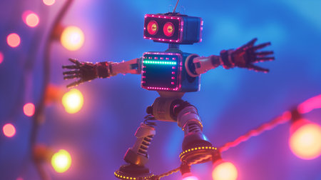 A metallic robot wows the audience with acrobatic tightrope balancing skillsの素材