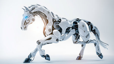 In a lively circus, a robotic horse performs aerial stunts, dazzling the crowdの素材
