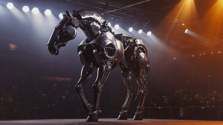 A metallic robot horse executes impressive flips and jumps, captivating the audience with precisionの素材