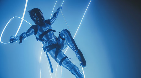 A metallic robot dazzles the audience with its precise aerial tricks and glowing movementsの素材