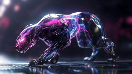 A robotic cat performs acrobatic tricks, captivating a lively arena audienceの素材