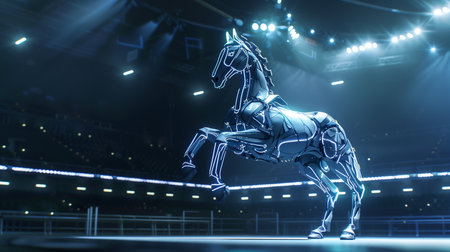 A metallic robot horse displays agility and precision with impressive flips and spinsの素材