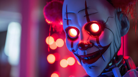 A metallic robot performs aerial feats in a circus under colorful lights, captivating spectatorsの素材