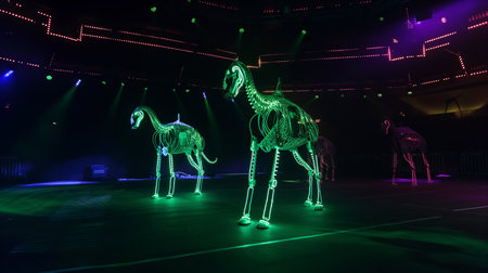 Robots shaped like animals execute impressive aerial stunts and balance tricks in a vibrant arenaの素材