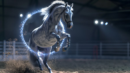A metallic robot horse executes impressive flips and spins in a circus performance, showcasing agilityの素材