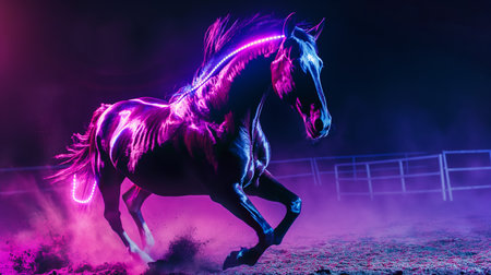 A futuristic robotic horse dazzles with agility and precision in a lively circus arenaの素材