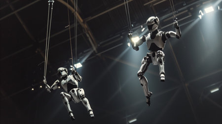 Two robots execute impressive aerial stunts using precision movements in a modern circus settingの素材