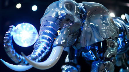 A chrome robot elephant dazzles with aerial stunts in a lively circus arenaの素材