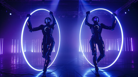 Robots perform aerial stunts and precision moves with glowing hoops under bright lightsの素材