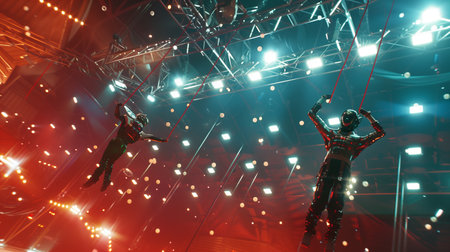 Two metallic robots executed impressive aerial tricks under glowing lights in a lively circus arenaの素材