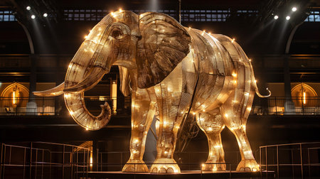 A metallic elephant performs dazzling aerial stunts in a lively circus arenaの素材