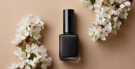 Luxury gel manicure with dark nail polish and floral decor on neutral background Generative AIの素材