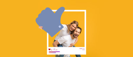 Couple celebrating success together in a lively social media context