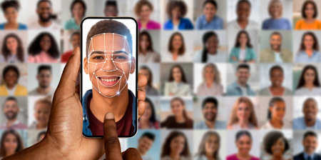 Facial recognition technology in action with smartphone identificationの写真素材