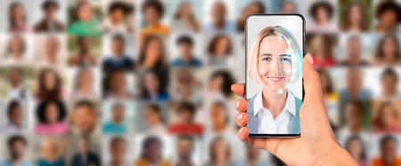 Hand holding smartphone displaying face recognition technology with portraitsの写真素材