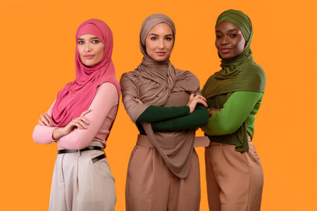 Three Diverse Muslim Ladies In Hijab Standing Together, Yellow Backgroundの写真素材