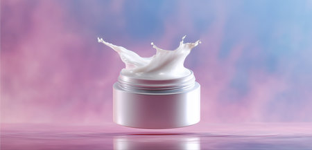 Floating jar of cream with a splash effect against a colorful background Generative AIの素材