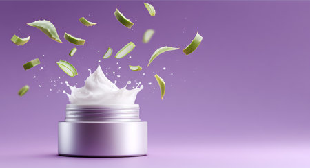 Innovative cosmetology jar containing aloe vera cream with drops floating Generative AIの素材