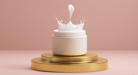 Exploration of cosmetology with cream container and splash on elegant display Generative AIの素材