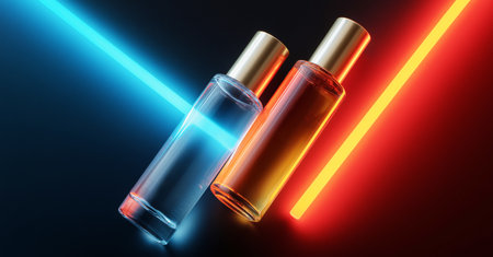 Bottles of serum showcasing youthfulness under vibrant colored lights Generative AIの素材