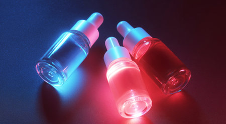 Cosmetology serums in jars illuminated by colorful lights for youthful skin Generative AIの素材