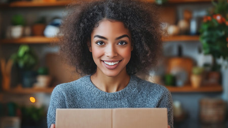 Young woman beams while presenting a package in a warm, inviting indoor space filled with greeneryの素材
