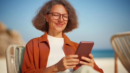 A woman relaxes on the beach, smiling as she uses her smartphone under clear skiesの素材