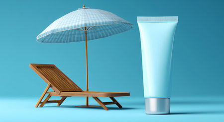 Innovative sun protection technology showcased with a beach umbrella and lotion Generative AIの素材