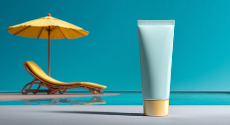 Innovative tube for sun protection next to a poolside lounge and umbrella Generative AIの素材
