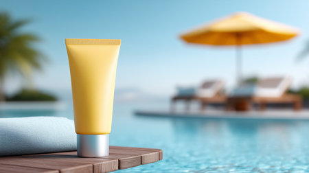 Sunscreen tube on a wooden surface near the pool under bright sunlight Generative AIの素材