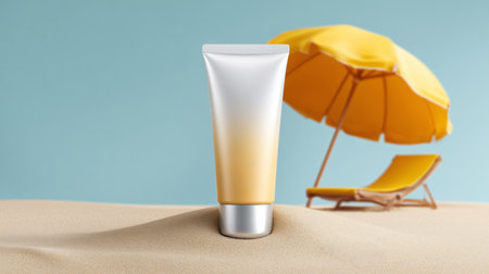 Innovative tube for sun protection placed on sandy beach under a bright sun Generative AIの素材