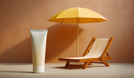 Innovative sun protection tube beside a yellow umbrella and beach chair Generative AIの素材