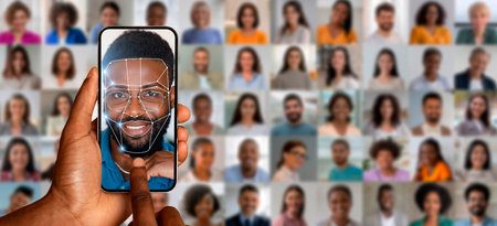 User scans face for ID with tech in urban setting