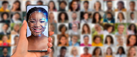 Smartphones enable face recognition and identification easilyの写真素材