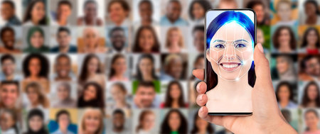 Modern technology enables face recognition through smartphones in daily lifeの写真素材
