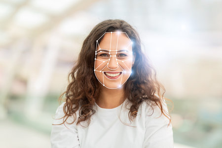 A woman smiles while undergoing facial recognition at a tech facilityの写真素材