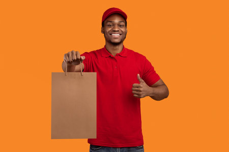 Black delivery man holding paper bag showing thumbs upの写真素材
