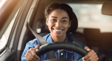 Happy woman driving car and smiling going to work or on road trip