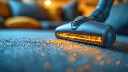 Vacuuming the carpet in a warm and inviting living room filled with soft lightの素材